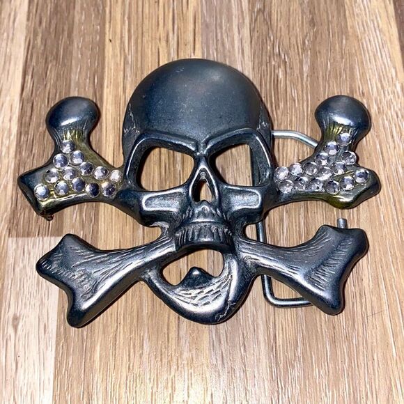 Rhinestone SKULL SKELETON KING CROSSBONES SILVER BELT BUCKLE TATTOO BIKER RIDER - Picture 4 of 4